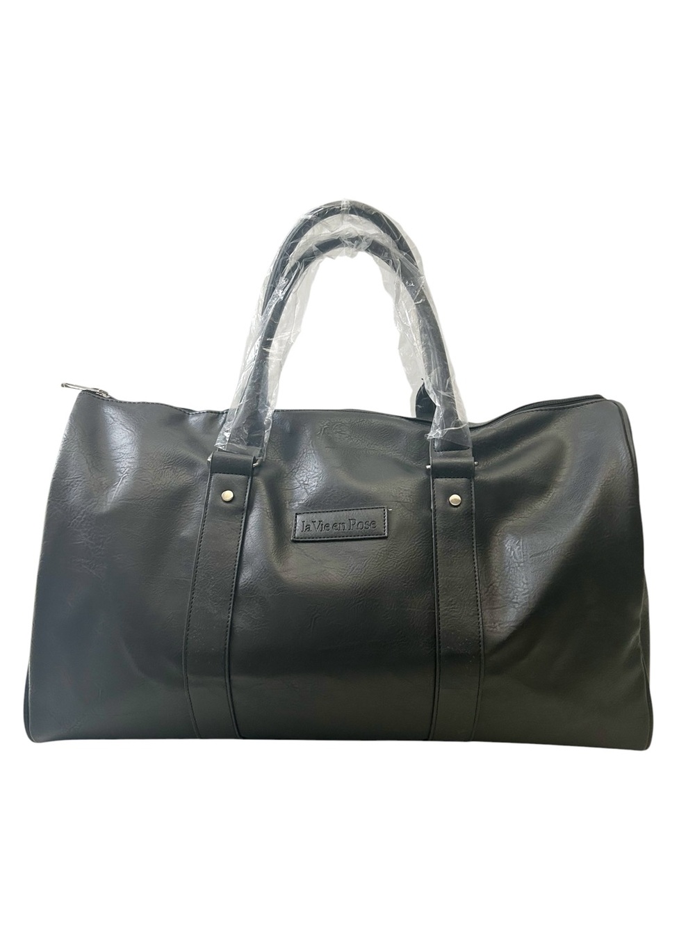 Black Faux Leather Weekender Bag Travel Duffel - Picture 10 of 10
